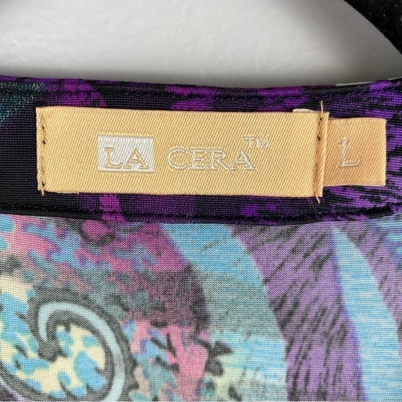 La Cera Pleat Front Printed Tunic Blue Purple Large - Picture 7 of 13